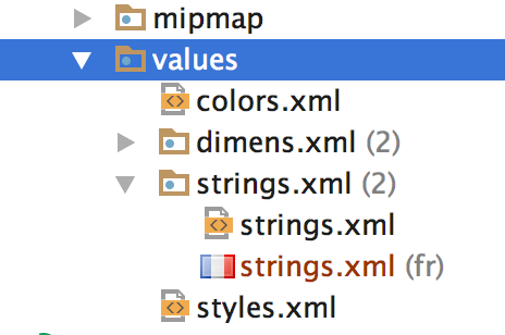 Once a new values-xx folder is created, android displays all resource files grouped together like so.