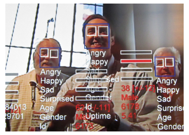 Face recognition with labels for perceived emotions.