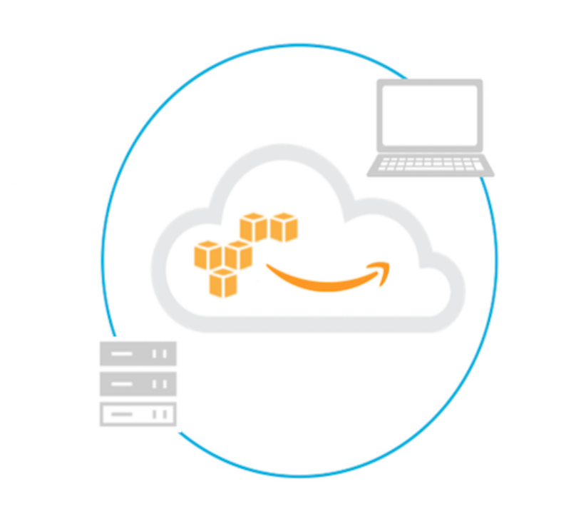 Image of a cloud service connecting data to a laptop.