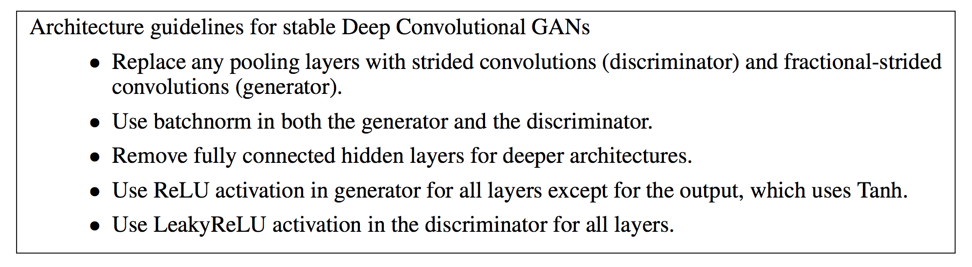 Architecture guidelines for stable DCGANs.