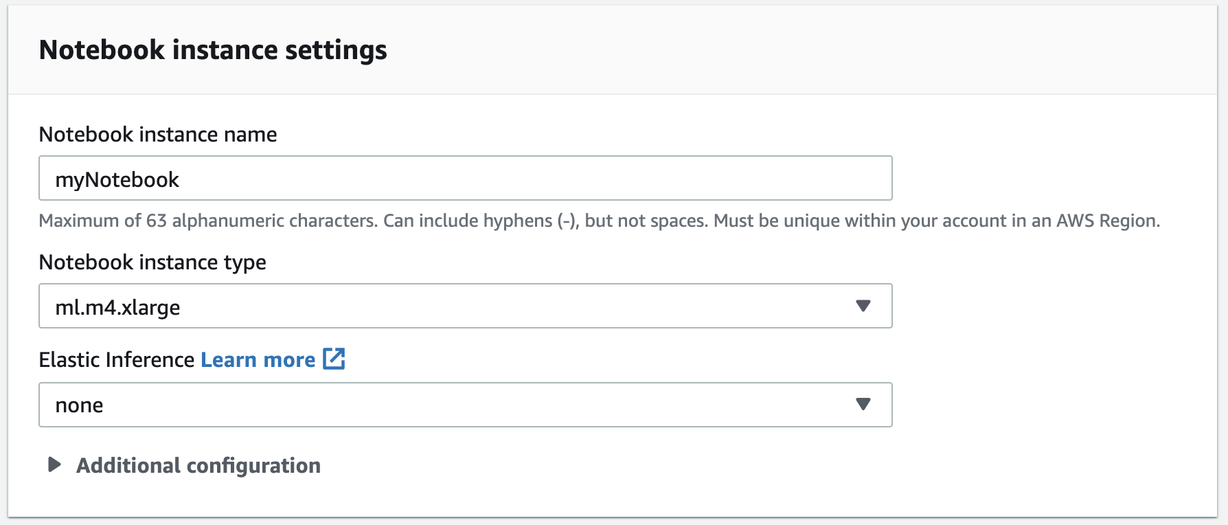 Create notebook instance &#8594;	Notebook instance settings