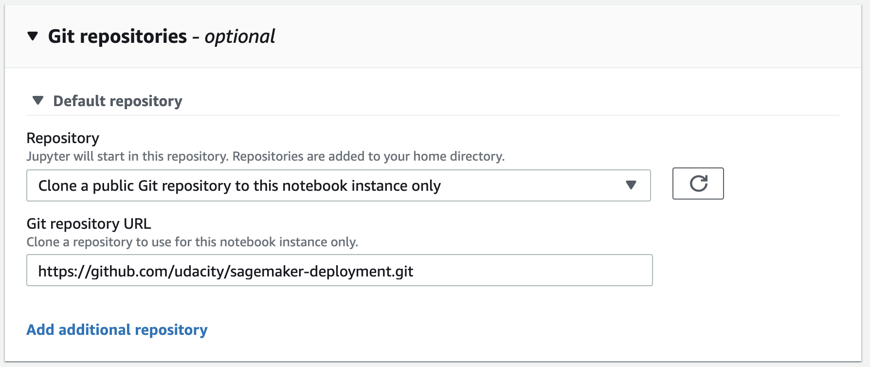 Create notebook instance &#8594;	Git repositories setting