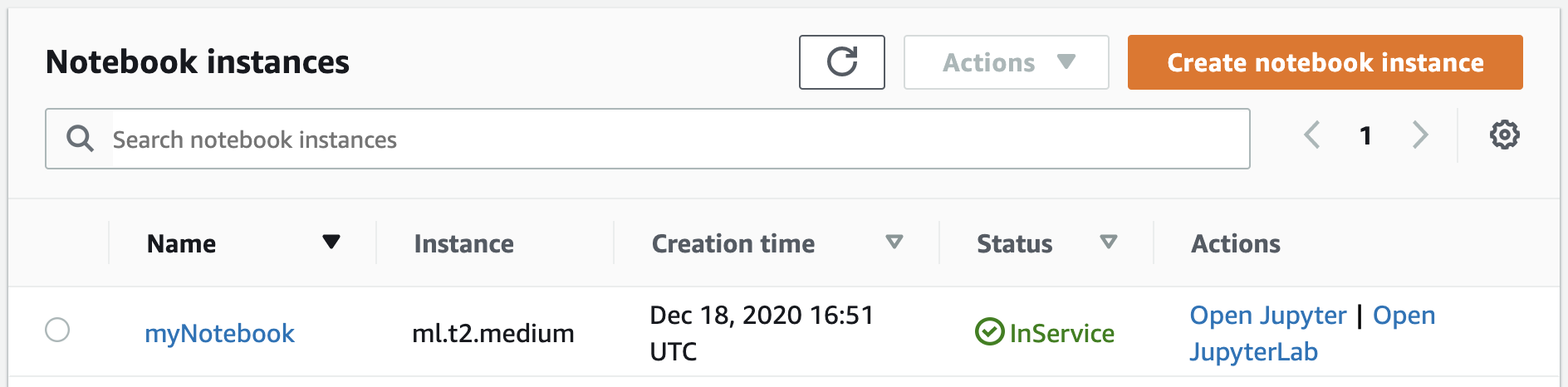 A successfully created notebook instance (Status: InService). You can access your notebook using the **Open Jupyter** Action. 