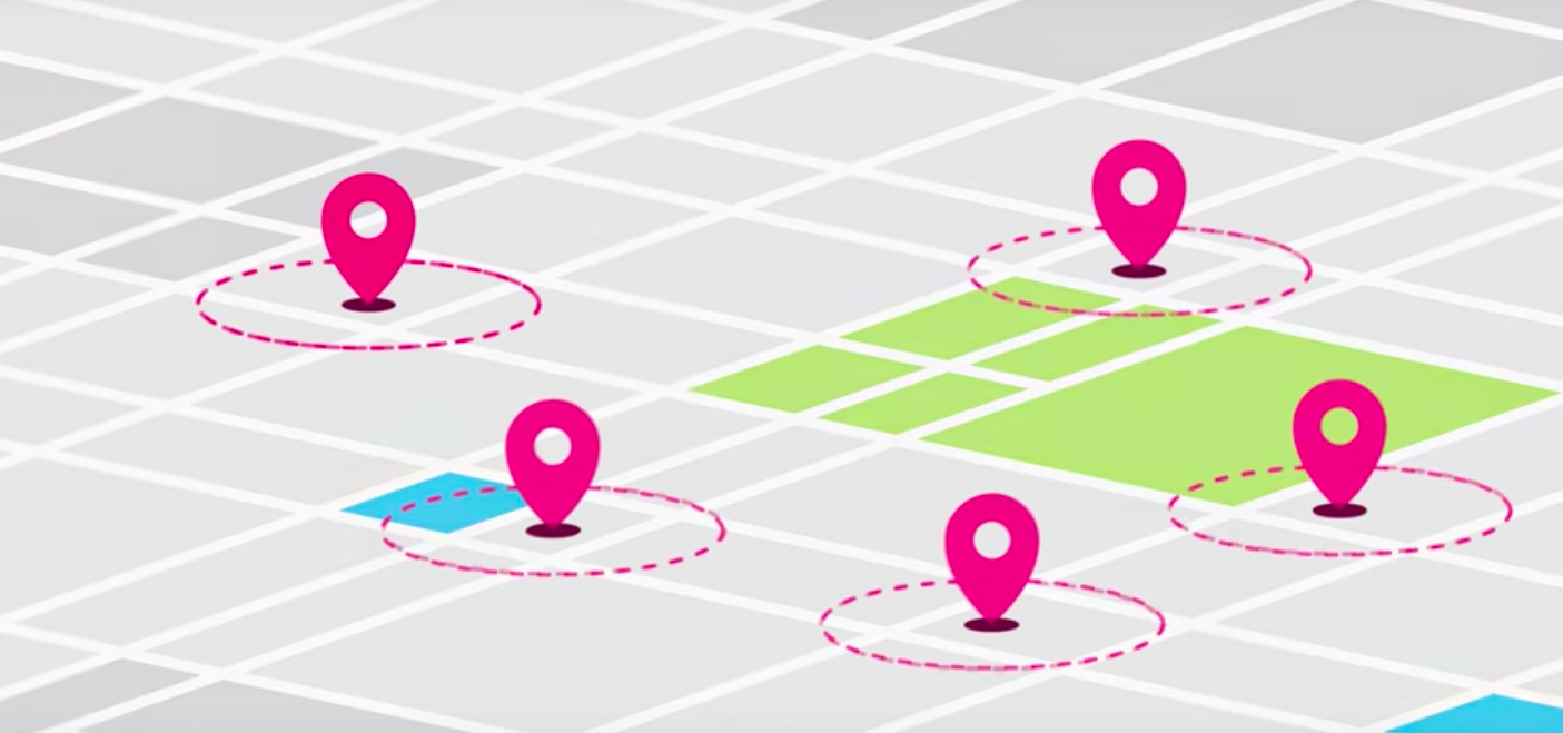 This shows geofence locations denoted by markers and the radiuses around them.