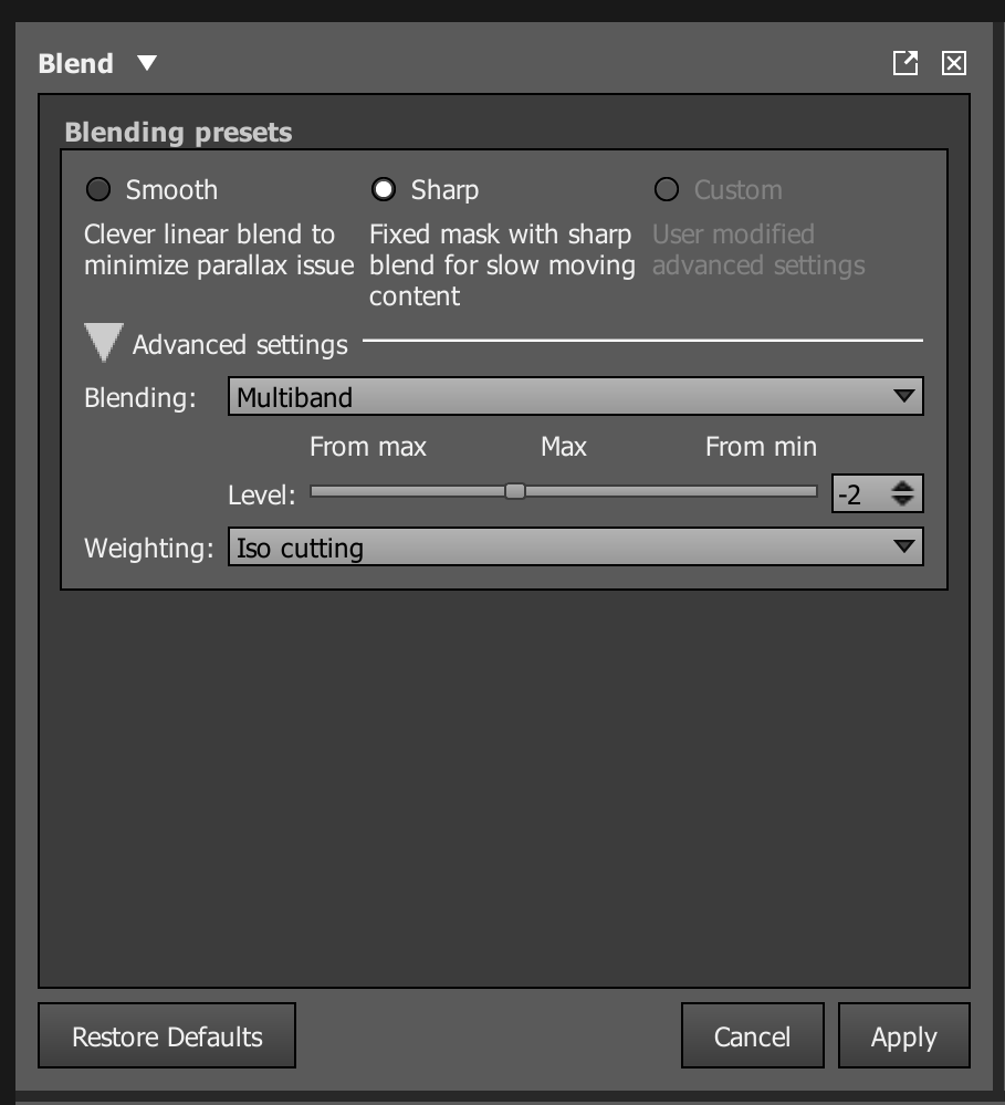 There are several blend options in Autopano Video.