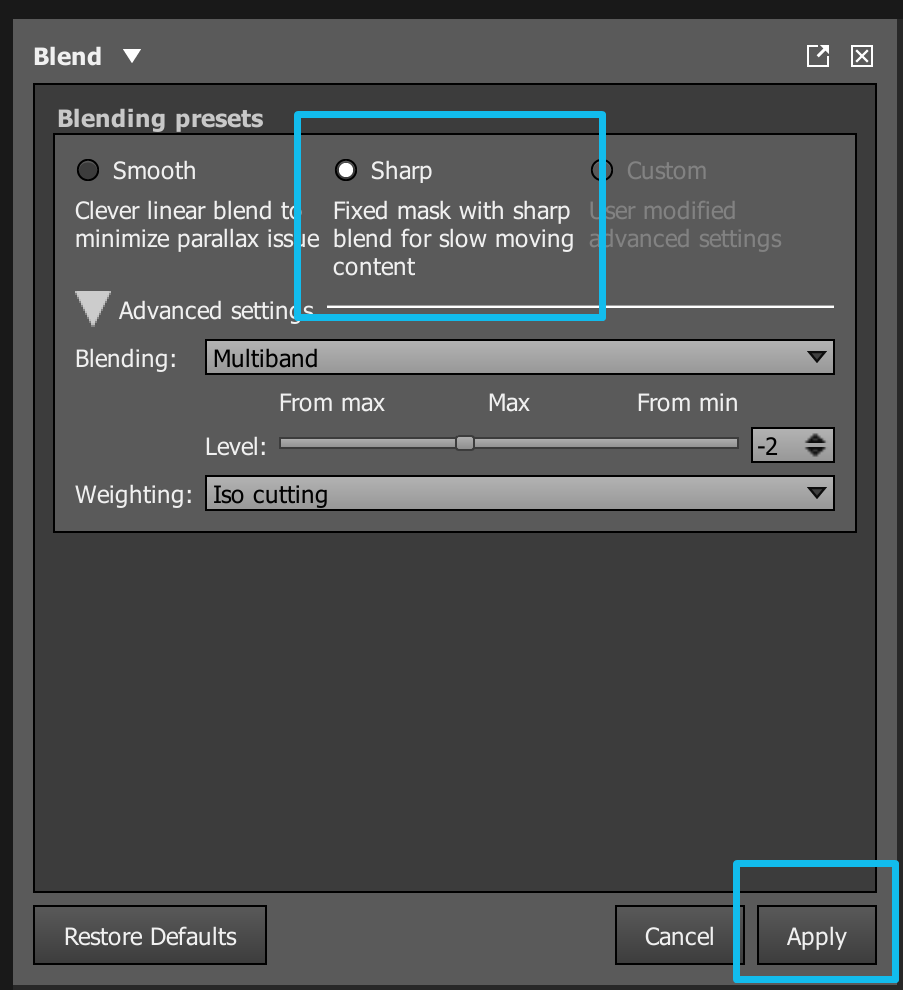 For now, just use the Sharp preset and click Apply