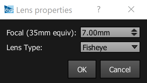 Set the custom lens properties to 7mm with a Fish Eye lens type.