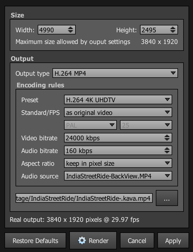 Autopano’s Render Settings dialog box