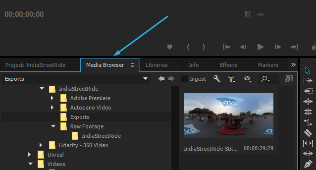 Use the Media Browser to locate your stitched 360 footage.