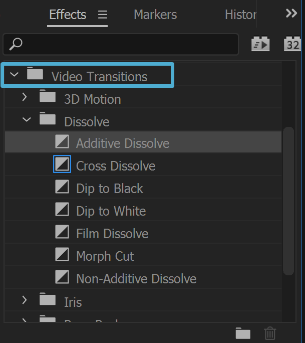 Scroll to the Video Transitions folder inside of the Effects pane.