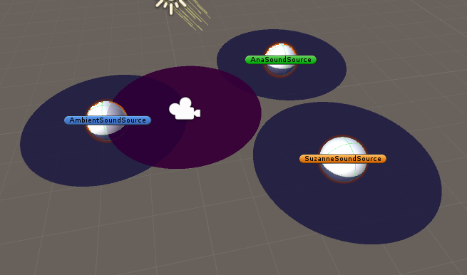 Round shapes appear when spatial audio sources are selected.