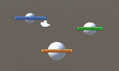 Your 3D scene should look similar to this. Each sphere represents a sound source in your video. (I’ve added game object icons to make each source easier to identify).