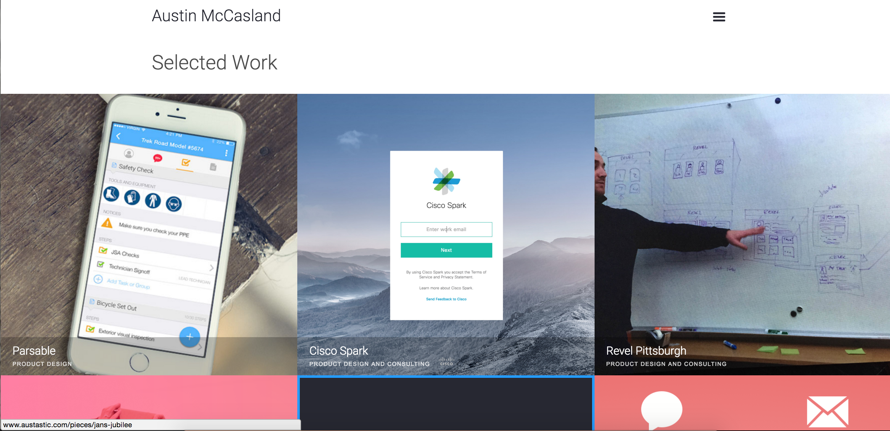 Austin's homepage contains a gallery of **Selected Work** that he wants to highlight. He also provides a link to his [Virtual Reality Workshop](http://www.austastic.com/vr), where you can explore all of the projects he is working on or has completed.
